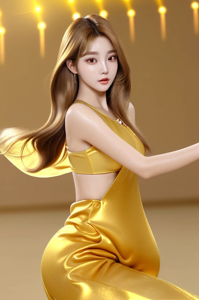 Beutiful woman corean 
   - **Hair:** Light brown with golden reflections, straight and short.
   - **Eyes:** almond shape, honey color.
   - **visual style:** Dynamic and with an energetic presence that stands out in the dance.
