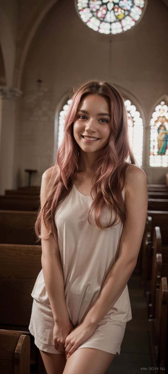 realistic, cinematic, ), (best quality, 4k, highres, ), ultra-detailed, detailed, pink long hair, brown eyes, soft lighting, subtle shadows,graceful pose,professional photograph, smile,dramatic lighting, natural beauty,
pink hair , pink long hair
(She is in Church