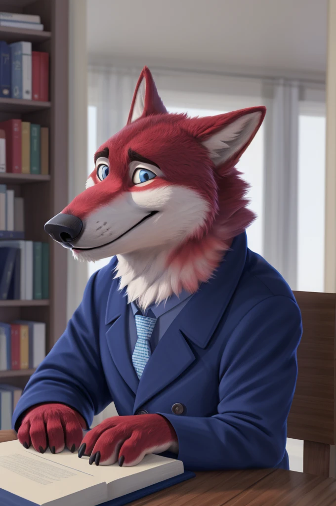 Ivan Wolfbach (Moscow),high,Beautiful,slim,24 years,wolf, red fur,high Beautiful wolf, 24 years,(red body:1.3),beautiful blue eyes,Moscow россия, shirt tie, trousers,canine, wolf, detailed fur, male, antro, paw pads, finger claws, at viewer, 5 fingers, paws, 5 fingers,day,digital photography, soft focus,good mood,photorealism, realistic, photorealistic,digital style,from close to home accommodation, is sitting, writes a book, Poet, Very close to the camera, digital photography, smile позитив, good,mood,,close to the camera, дома квартире writes a book, apartment table, computer, smile, laughter, добрый wolf ,
masterpiece, Best quality, ultra realistic, 8 k)