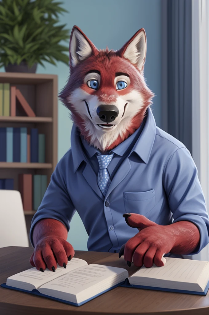Ivan Wolfbach (Moscow),high,Beautiful,slim,24 years,wolf, red fur,high Beautiful wolf, 24 years,(red body:1.3),beautiful blue eyes,Moscow россия, shirt tie, trousers,canine, wolf, detailed fur, male, antro, paw pads, finger claws, at viewer, 5 fingers, paws, 5 fingers,day,digital photography, soft focus,good mood,photorealism, realistic, photorealistic,digital style,from close to home accommodation, is sitting, writes a book, Poet, Very close to the camera, digital photography, smile позитив, good,mood,,close to the camera, дома квартире writes a book, apartment table, computer, smile, laughter, добрый wolf ,
masterpiece, Best quality, ultra realistic, 8 k)