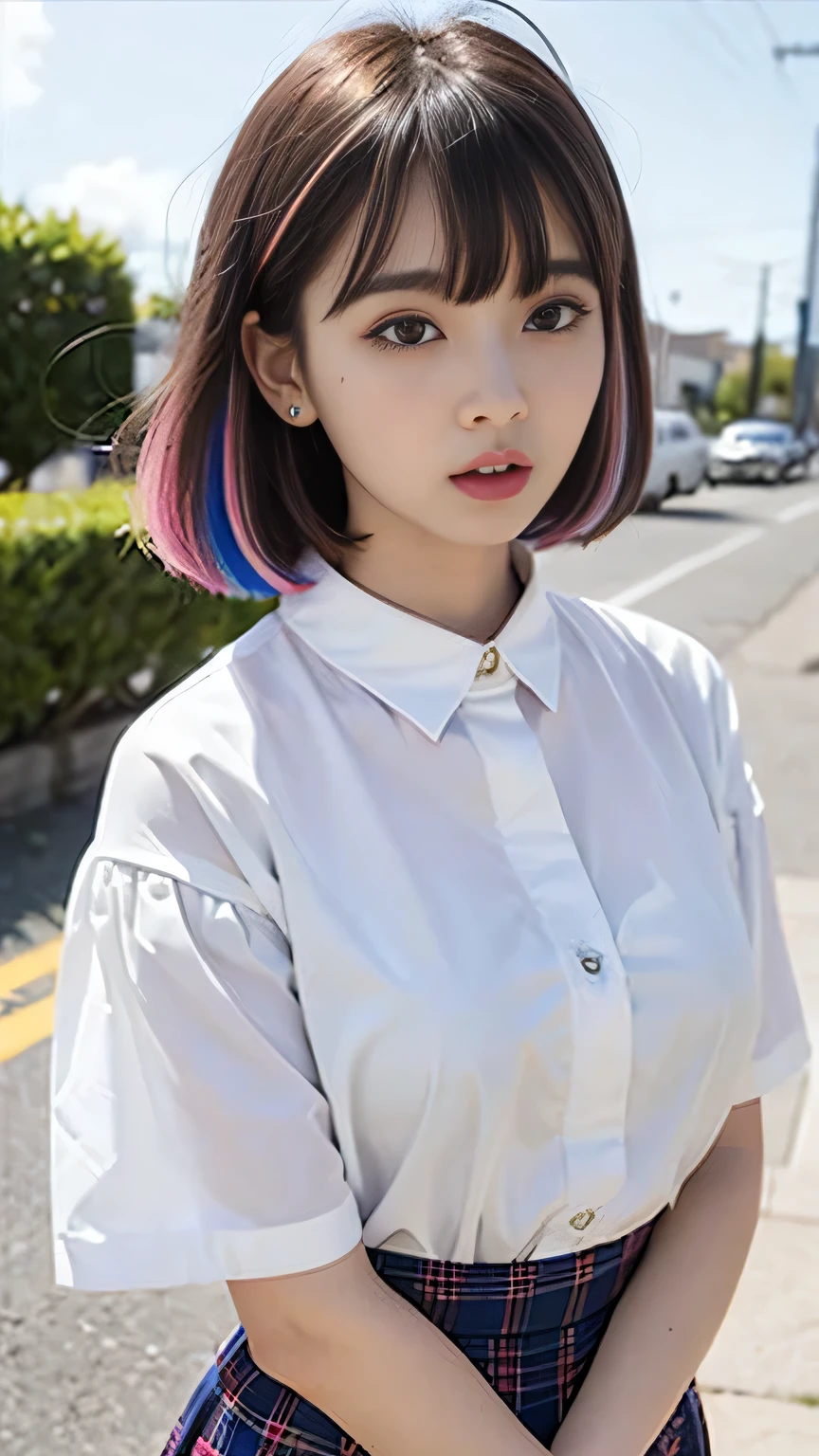 Skin white、Multicolored hair color、Bangs on the face、Bangs between the eyes、A strong wind blows my hair in front of my face、Beautiful big sparkling eyes, Cute eyes hidden by long bangs、Yawn、No visible nasolabial folds、Short micro mini skirt、Multicolored patterned blouse、19 year old Korean beauty、Blonde short bob hair