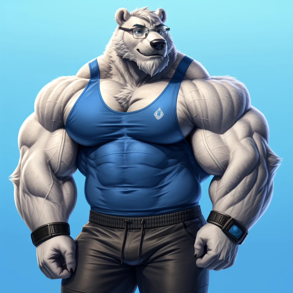 solo, 1boy, Huge Muscular White Polar Bear wearing glasses, huge white fur, pectoral, huge pectoral, wide pectoral, short white hair, blue colored short pants, blue colored wristbands and blue colored tank top, white bearded, white Mustache, white fur, simple background, masterpiece, high detailed, 8k, high resolution, at the gym, flexes huge muscles