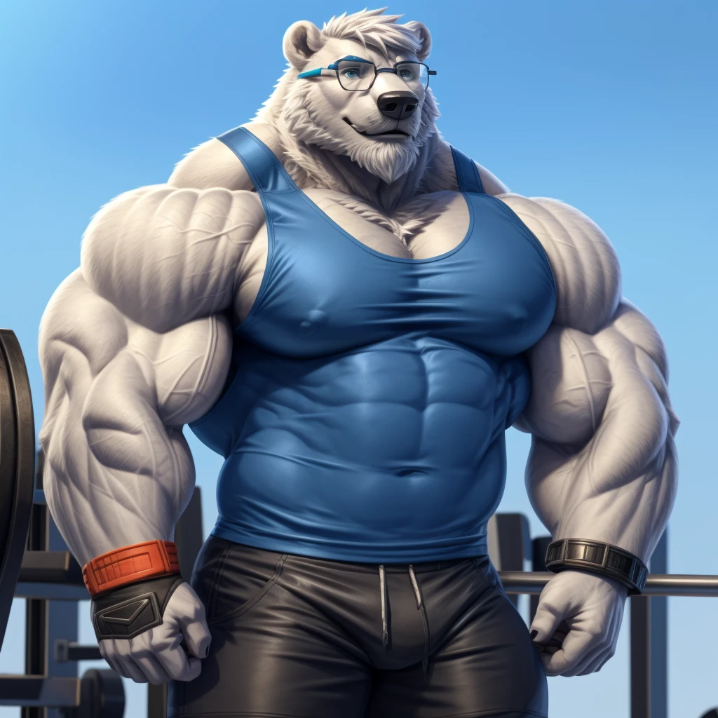 solo, 1boy, Huge Muscular White Polar Bear wearing glasses, huge white fur, pectoral, huge pectoral, wide pectoral, short white hair, blue colored short pants, blue colored wristbands and blue colored tank top, white bearded, white Mustache, white fur, simple background, masterpiece, high detailed, 8k, high resolution, at the gym, flexes huge muscles