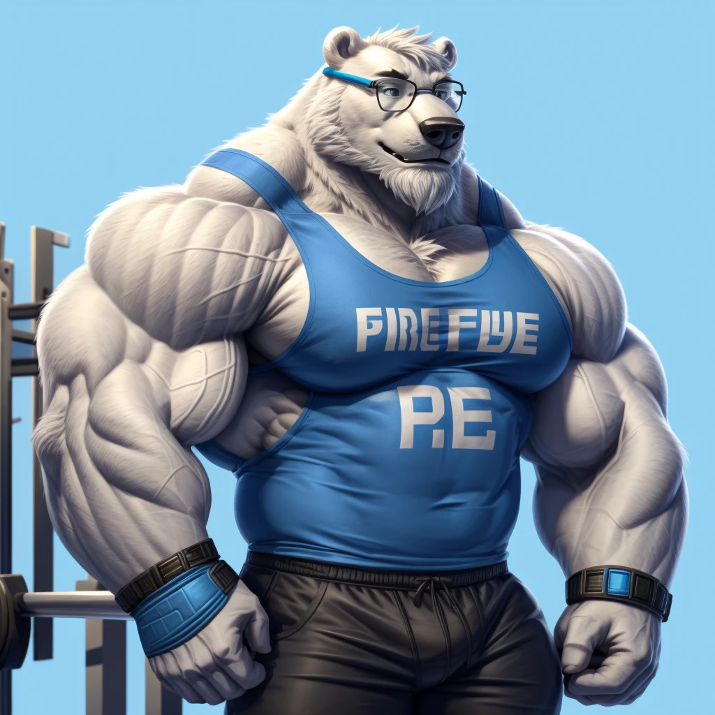 solo, 1boy, Huge Muscular White Polar Bear wearing glasses, huge white fur, pectoral, huge pectoral, wide pectoral, short white hair, blue colored short pants, blue colored wristbands and blue colored tank top, white bearded, white Mustache, white fur, simple background, masterpiece, high detailed, 8k, high resolution, at the gym, flexes huge muscles