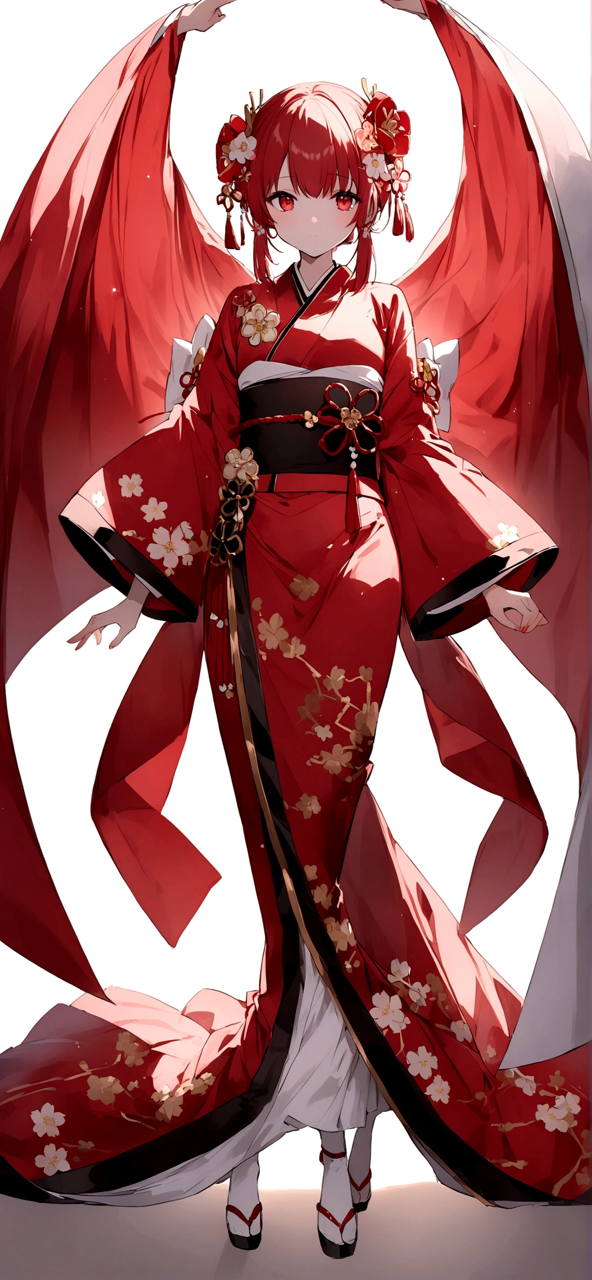 White background、Red kimono、Red Hair、Red eyes、Plum blossom accessories、25 year old sister、whole body