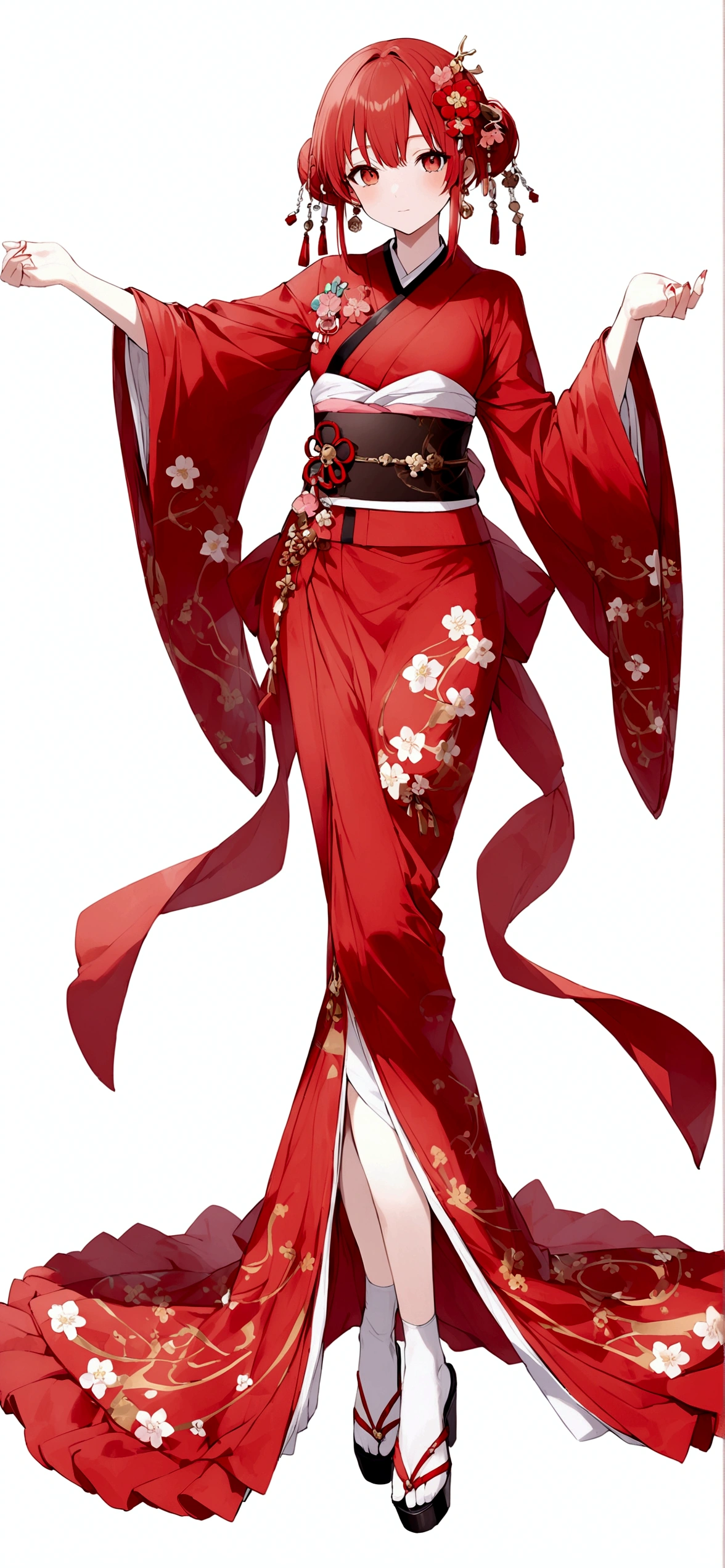 White background、Red kimono、Red Hair、Red eyes、Plum blossom accessories、25 year old sister、whole body