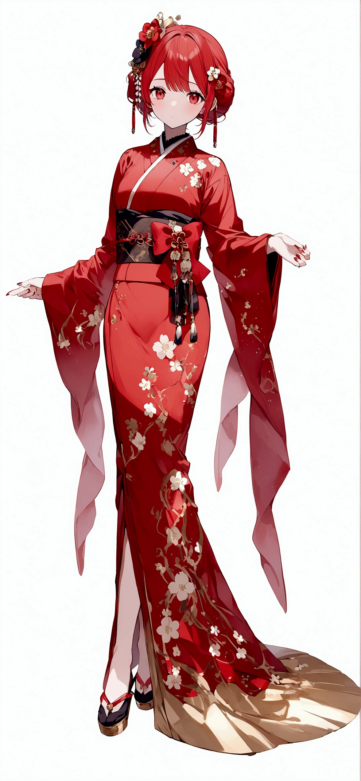 White background、Red kimono、Red Hair、Red eyes、Plum blossom accessories、25 year old sister、whole body