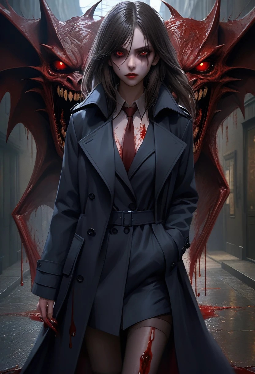 (Extremely detailed CG unity 8k wallpaper),(masterpiece), (best quality), (Extremely detailed), (Best Illustration Award),(The best shadow), 一个美丽的吸Blood鬼 ,(Sharp eyeliner, Eyeshadow, Exquisite eyes:1.1),(Black trench coat), Long hair, Red Eyes, (Fangs), Blood,, In a dark environment.