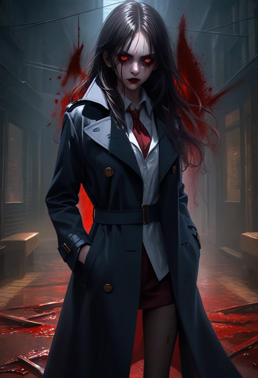 (Extremely detailed CG unity 8k wallpaper),(masterpiece), (best quality), (Extremely detailed), (Best Illustration Award),(The best shadow), 一个美丽的吸Blood鬼 ,(Sharp eyeliner, Eyeshadow, Exquisite eyes:1.1),(Black trench coat), Long hair, Red Eyes, (Fangs), Blood,, In a dark environment.