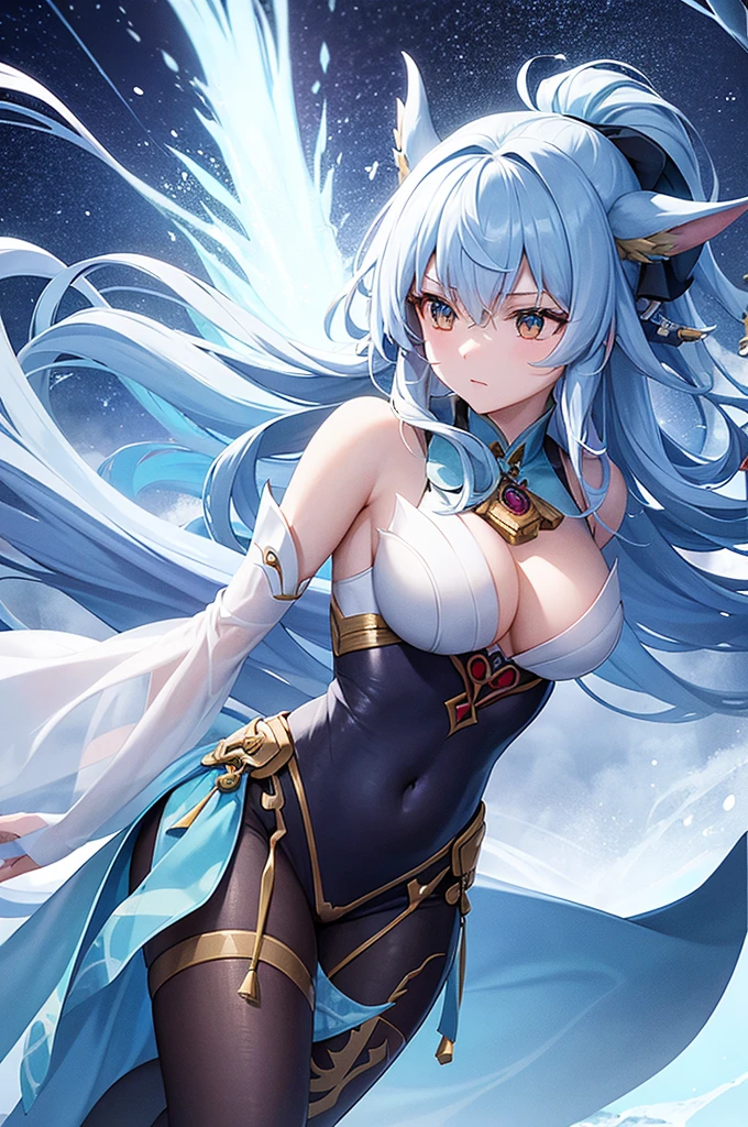 Create a highly detailed digital artwork featuring Ganyu from Genshin Impact. Ganyu is depicted in a dynamic pose, drawing her bow and preparing to fire a powerful charged shot. She stands gracefully in an open snowy landscape, with the serene backdrop of Liyue's mountain ranges in the distance. The artwork should capture the elegance and power of Ganyu's form, emphasizing her ethereal beauty and the tension in the moment before releasing the arrow.
Focus on Ganyu's distinctive design elements: her long blue hair with gradient tips, intricate Cryo Vision embedded in her outfit, and her traditional Qilin-inspired attire. The bow should be drawn with a glowing arrow, radiating a soft blue light that illuminates the surroundings. Frosty particles and icy mist swirl around her, highlighting her Cryo abilities.
Ensure the lighting accentuates the cold environment, with soft shadows and a cool color palette. The overall mood should evoke a sense of calm determination and otherworldly grace, capturing Ganyu's dual nature as both an adeptus and a secretary