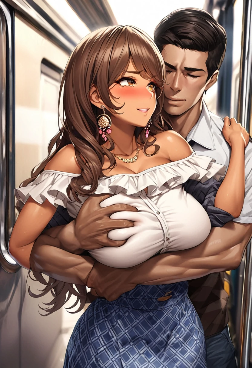 nsfw,hyperrealistic smooth anime,adult curvy gyaru,tanned gyaru,young casual boy holding woman in arms from behind,standing,boy grabbing her breasts,dark brown hair,earring,off-the -shoulder plain blouse,patterned short skirt,man groping woman,(blushed) and smile,at train,in heat,look at man