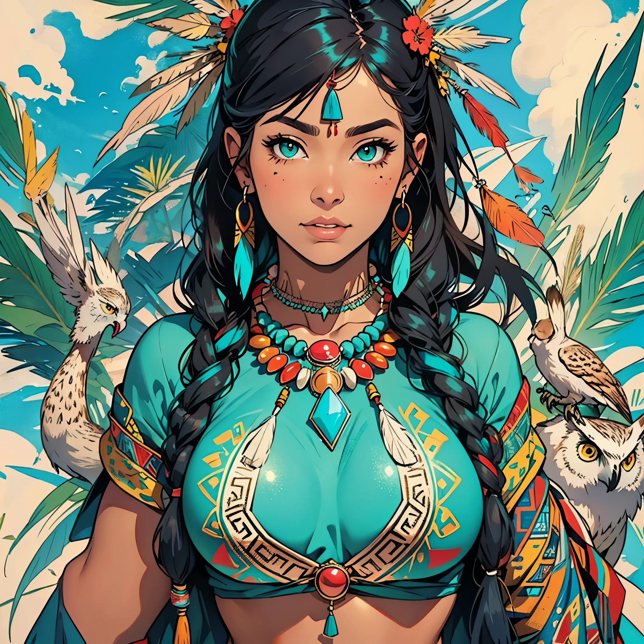 (((ultimate best quality))),((((solo:1.12)))),((((1girl:1.12)))),((((beautiful perfect woman)))),(((detailed perfect body, detailed perfect finger,detatiled perfect face))),(((bust up, close up))),(((((American comics))))),(((extreme highlights))),(((Extremely colorful, primary colors))),(cleavage, big breast)),(((perfect beautiful lady))),((((various angles))),((((detailed Indian,Tribe, Navajo, feather ornament)))),((((black skin)))),(((indigenous peoples))),(((owl,turquoise,Ivory Necklace)))
