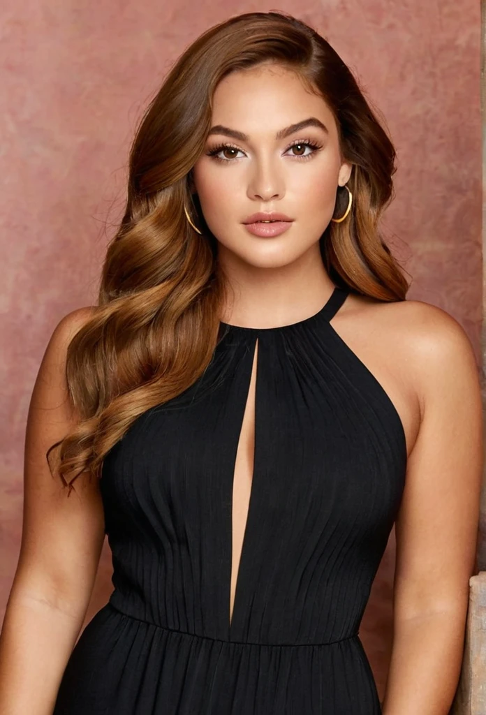 "Clara Pierce, 28, 5'7" pear-shaped body, curvy full thighs, wider hips, narrow waist, smaller bust. Smooth slightly tanned skin, gentle curve from hips to knees. Long wavy auburn hair, mid-back length, loose waves or casual braid. Large almond-shaped hazel eyes, flecks of gold, thick dark lashes. Heart-shaped face, high cheekbones, small upturned nose, full rosy lips.