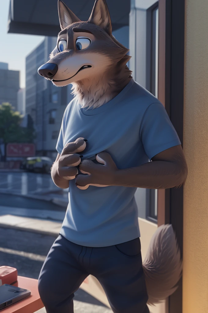 Larry (Zootopia), wolf, Gray Fur, (brown body:1.3), Blue eyes, Zootopia, dressed, t-shirt, pants,women&#39;s sandals толстой подошве,canine, wolf, detailed fur, male, antro, paw pads, finger claws, waving, waving at viewer, 5 fingers, paws, 4 toes,women&#39;s sandals, is sitting, 
BREAK from nextel, for dating, by xenoforge, (difficult, high detail, film photography, soft focus, RAW explicit cinema,home apartment,women&#39;s sandals
фотореализм, realistic, photorealistic, digital style, Subsurface scattering,
masterpiece, Best quality, ultra realistic, 8 k)