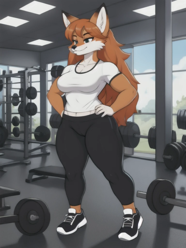 Furry, fox, female, white shirt, black leggings, shoes, gym, teen, standing, full body