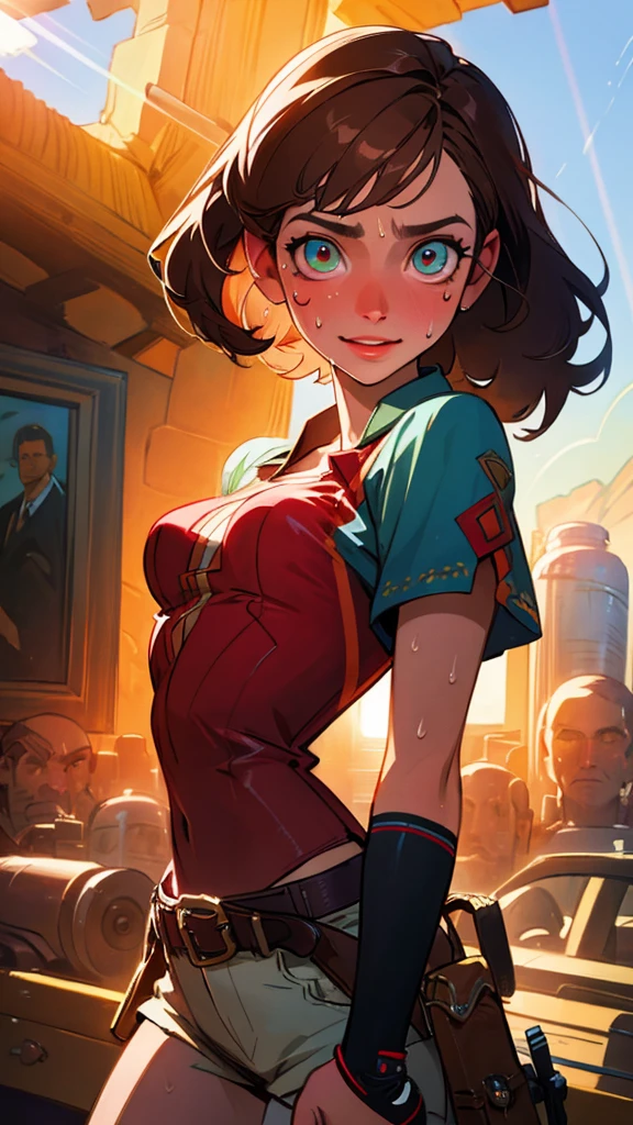 ((((masterpiece, best quality, high resolution)))), Extremely detailed 8K, 1 female, wearing a worn out cowboy outfit, (Ultra HD, Ultra-detailed, Highly detailed, Highly realistic, Ultra-realistic, photograph realistic), (1girl:1.5), (Realistic brown hair), (dynamic poses), facing at camera, looking at viewer, (smiling face), (hazel eyes, sharp eyes), (perky breasts:1.2), (beautiful detailed face, beautiful detailed eyes), sweat, glow, (sunbeam, sunlight), western scene, seductive, EnvyBetterHands LoCon,