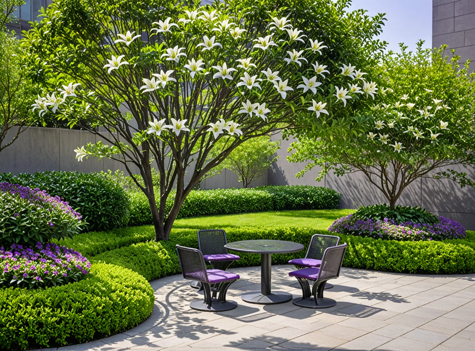 qlcd,tingyuan,no humans,scenery,tree,outdoors,bench,flower,chair,plant,day,shadow,This picture shows a modern style outdoor rest area. There is a circular table in the center of the area,on which a bunch of white lilies are placed. Four white mesh chairs were placed around the table. The background is a wall composed of dark gray vertical slats,surrounded by various plants,including purple flowers,green leafed shrubs,and a small tree. The entire scene is illuminated by sunlight, gate, sidewalk,