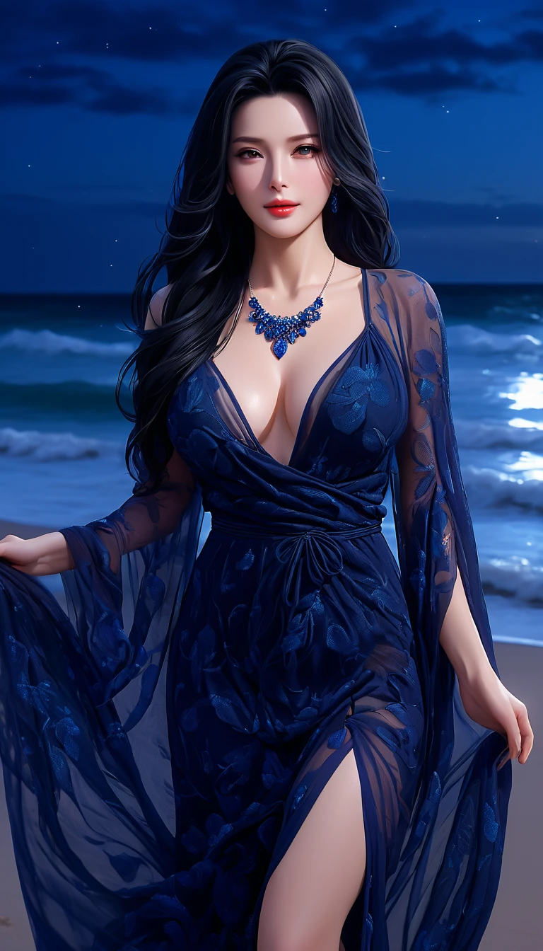 4K resolution,8K resolution,beautiful,Highest quality,Absolutely wonderful,Very detailed,Ultra-high resolution,masterpiece,(Realistic:1.5),(Realistic:1.5),Increased depth of field,Cinematic Light,
One elegant mature woman,
Long black hair,精巧なディテールのbeautiful顔,Moist eyes,Sensual look,Transparent white skin,Very sensitive skin,Great proportions,Glamorous Body,Anatomically correct body,
Elegant Summer Beach Dress,Summery design,Beautifully detailed pattern,Detailed cloth texture,Gorgeous necklace romantic seaside scenery,Dark night sky,Coastline stretching to the horizon,Deserted beach,Dark sea surface,
Cinematic Angle,