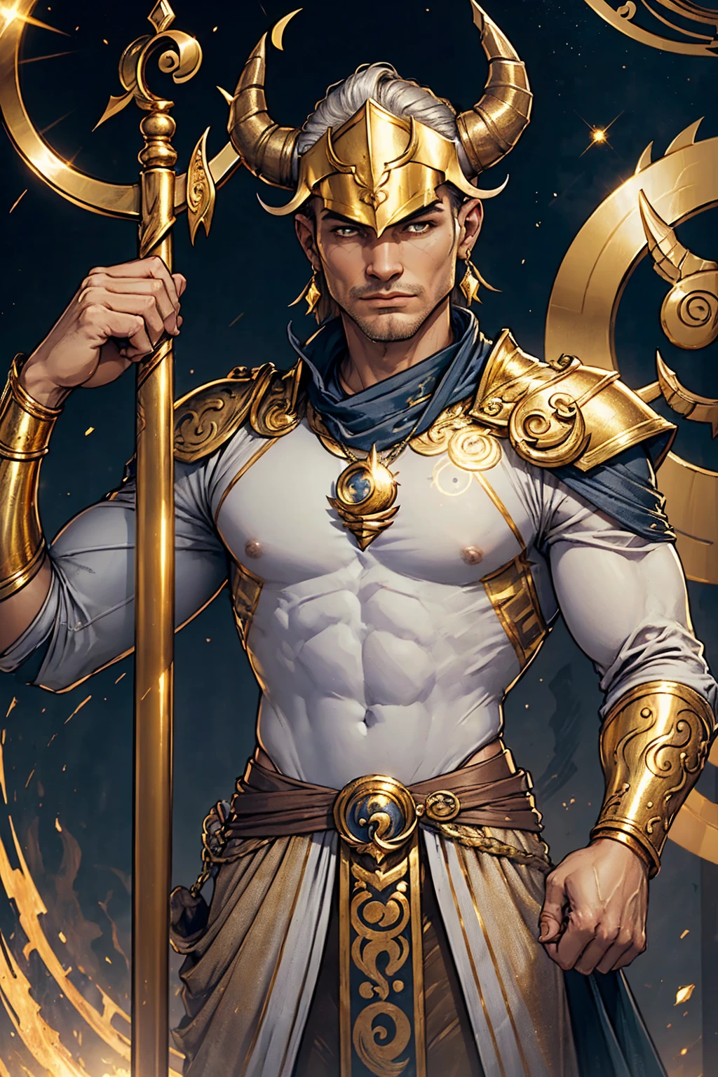 (Deus grego,masculinidad,homem forte,Humano,atletic,homem forte,Barbado:1.1,reliable:1.1),golden ratio,heroic pose,Aura divina,sharp details,Retratos,cores vibrantes,Luz dorada
