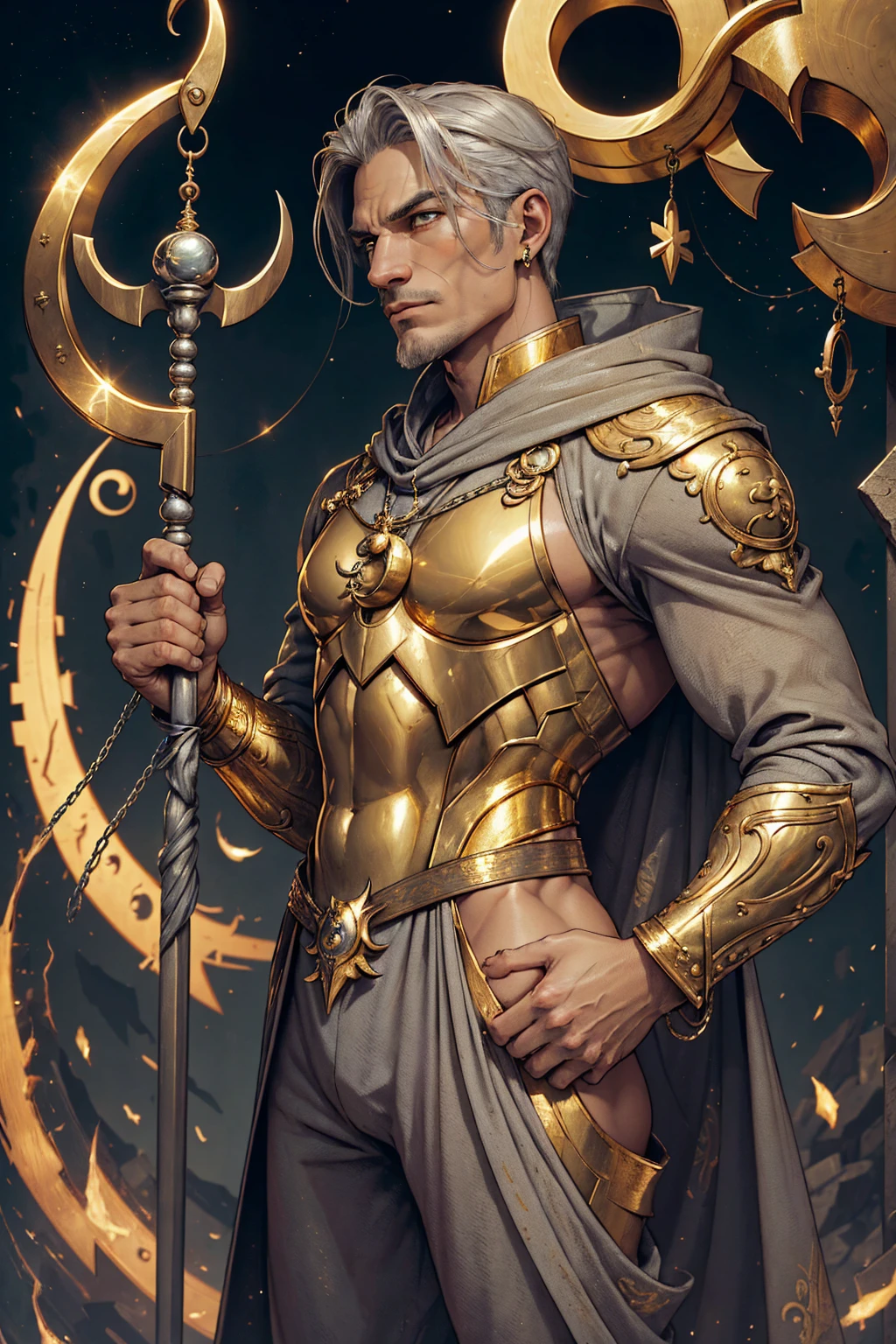 ((best quality)), ((artwork)), (detailded), man who represents the sign of Capricorn, Balance and justice, in one hand holding the sign symbol and demonstrating, Strength and courage, wearing a silver and gold outfit 