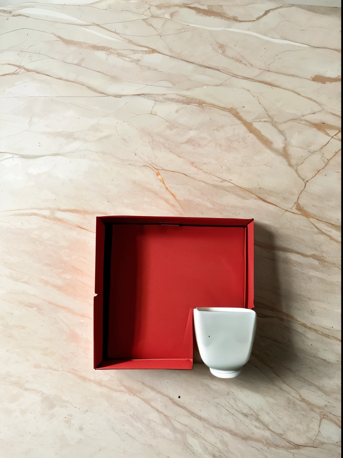 Red tea packaging,A cup,Place on the kitchen table,Superior apartment,marble,Potted plants
