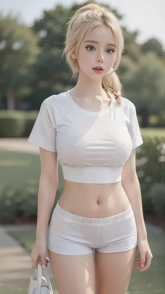 ((full body)). Cute face, sweet pink lips. white sport_shorts. White oversized shirt. thigh gap. ((Sports Shirts)). beautiful, girl, Blonde ponytail, Western Movies, hot girl, be happy,  (Masterpiece), best quality, high resolution, very detailed, blurred background, depth of field, movie light, , reveal, thin, Post a blog, Jogging, rift