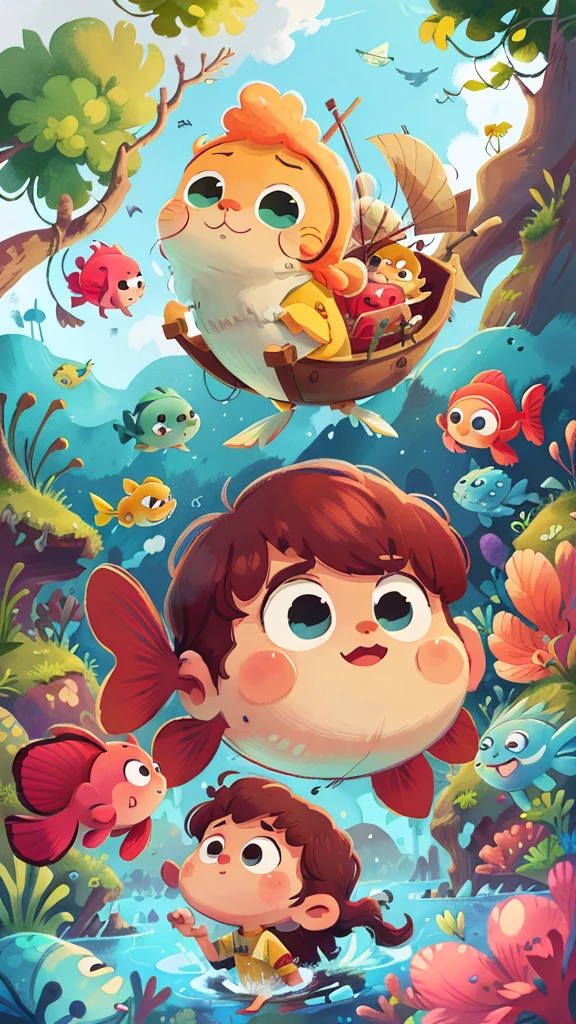 Nautical Mile,This illustration is a 4K high-definition illustration,The facial features are rich in detail,Cartoon Style,Cartoon Animals 5.1,cute,Fish School,Big fish,ocean,Waterweed