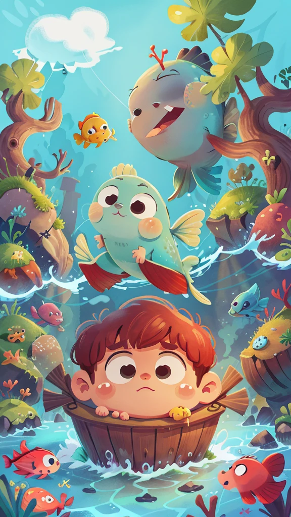 Nautical Mile,This illustration is a 4K high-definition illustration,The facial features are rich in detail,Cartoon Style,Cartoon Animals 5.1,cute,Fish School,Big fish,ocean,Waterweed