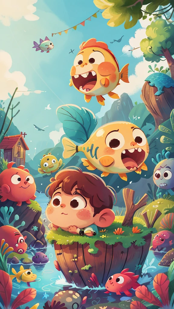 Nautical Mile,This illustration is a 4K high-definition illustration,The facial features are rich in detail,Cartoon Style,Cartoon Animals 5.1,cute,Fish School,Big fish,ocean,Waterweed