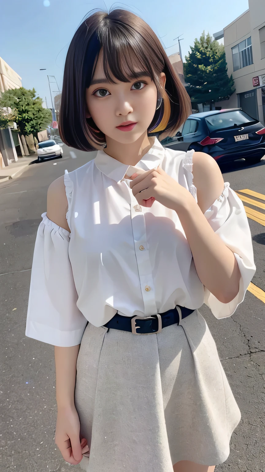 Skin white、Multicolored hair color、Bangs on the face、Bangs between the eyes、A strong wind blows my hair in front of my face、Beautiful big sparkling eyes, Cute eyes hidden by long bangs、Yawn、No visible nasolabial folds、Short micro mini skirt、Multicolored patterned blouse、19 year old Korean beauty、Blonde short bob hair