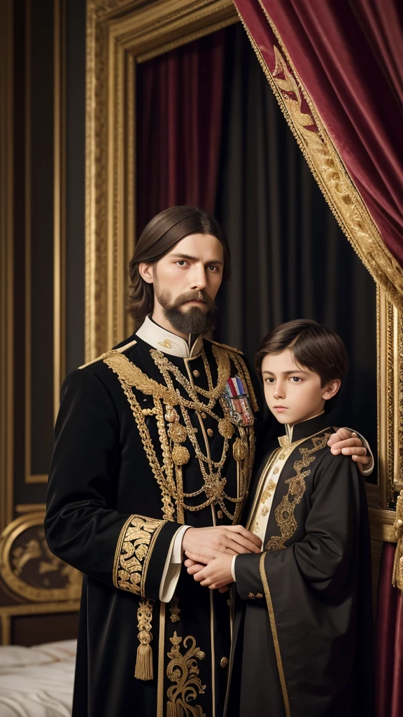 Rasputin with Tsarevich Alexei, a frail young boy, early 20th century, dressed in royal garments, Rasputin placing a comforting hand on Alexei's shoulder in a lavishly decorated bedroom, with gold-framed paintings and plush curtains in the background, close-up, hyper-realistic, photo realism, cinematography. Camera lens size should be 200mm, aperture setting f/4.5, and ISO 1600. The artistic medium should be color photography.