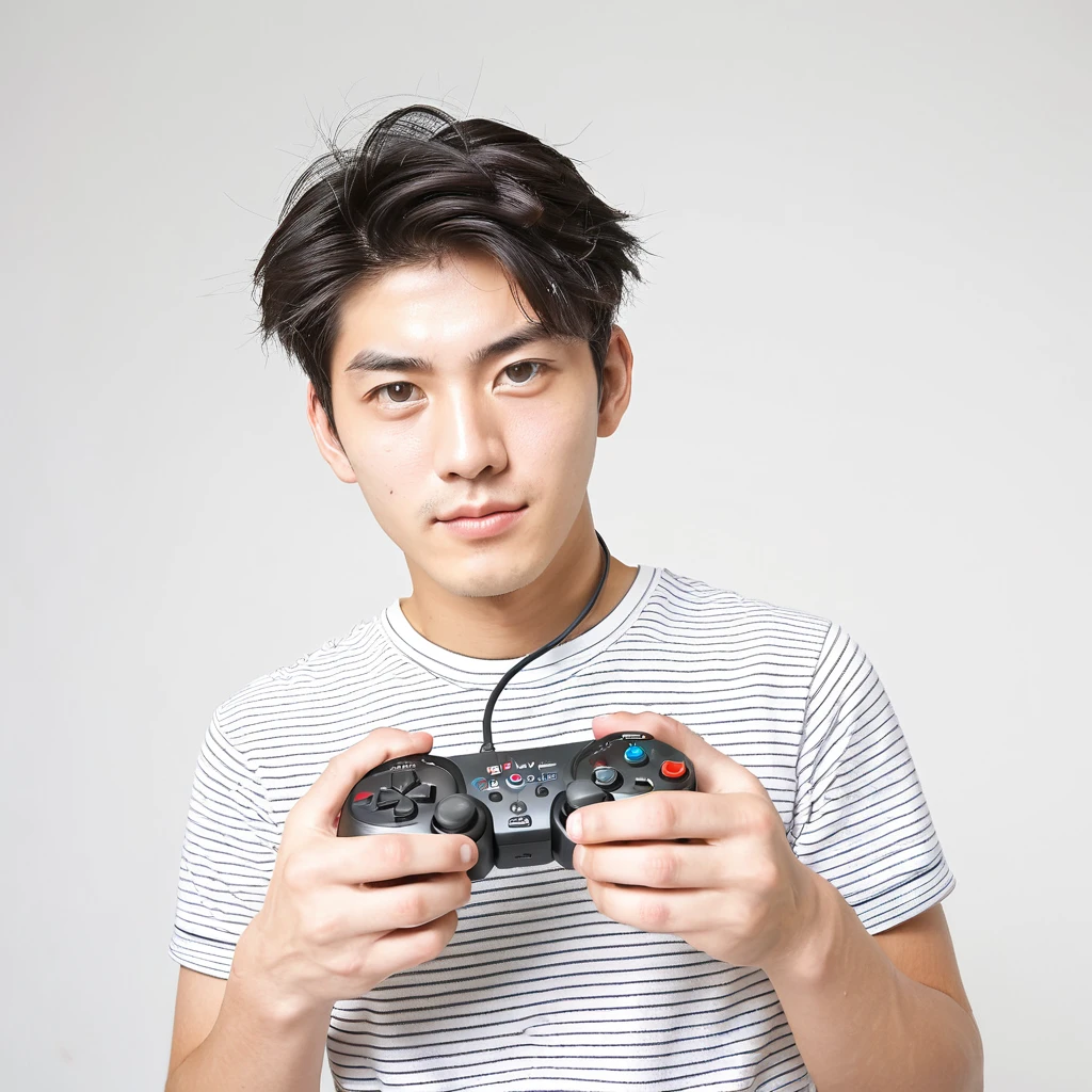 male　youth　university student　Japanese　A refreshing look　holding a game controller in hand　looking at the camera　High tension　Wide angle　　White background　
