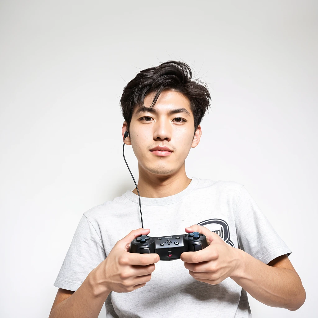 male　youth　university student　Japanese　A refreshing look　holding a game controller in hand　looking at the camera　High tension　Wide angle　　White background　