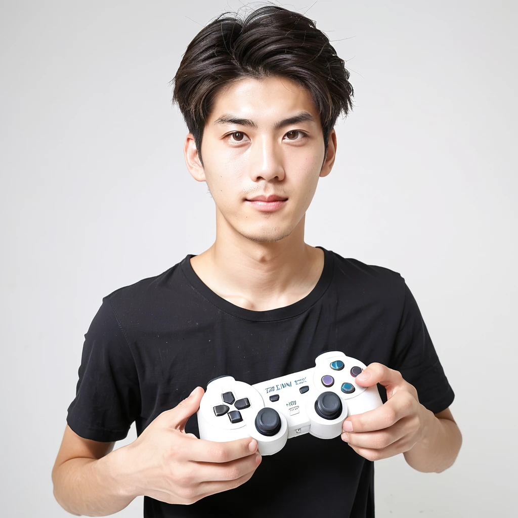 male　youth　university student　Japanese　A refreshing look　holding a game controller in hand　looking at the camera　High tension　Wide angle　　White background　