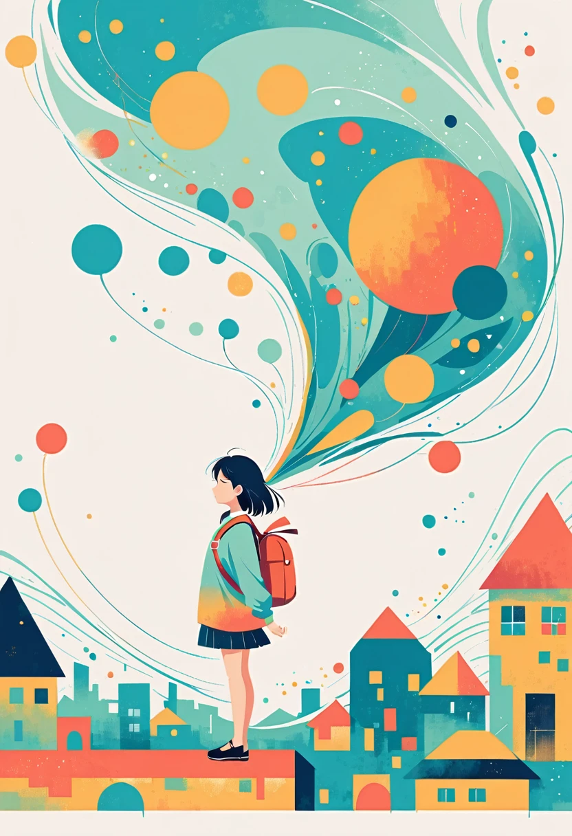 Standing on the roof,Girl with backpack on the roof,The backpack is filled with the joy of spring,Simple lines,Minimalism,Abstract Art,City background
