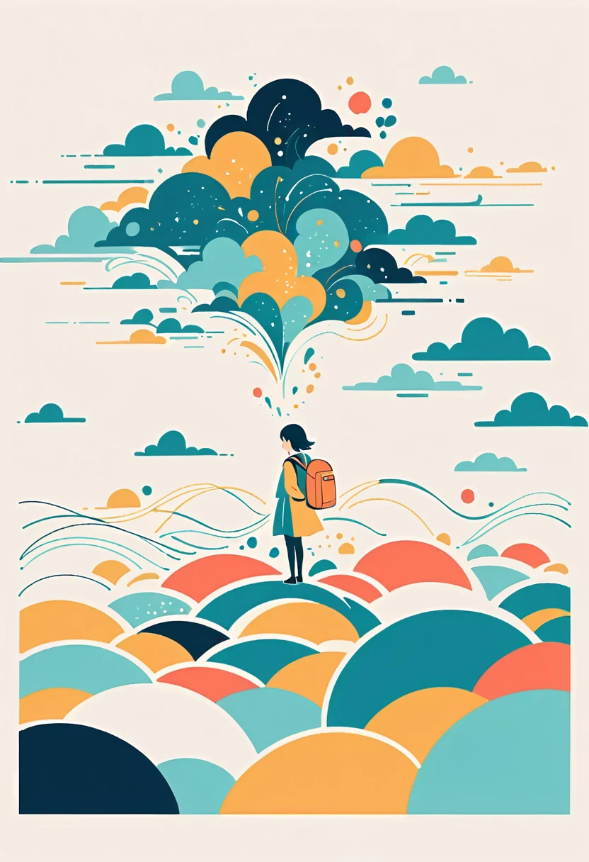 Standing on the roof,Girl with backpack on the roof,The backpack is filled with the joy of spring,Simple lines,Minimalism,Abstract Art,City background