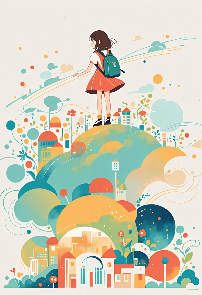 Standing on the roof，Girl with backpack on the roof，The backpack is filled with the joy of spring，Simple lines，Minimalism，Abstract Art，City background