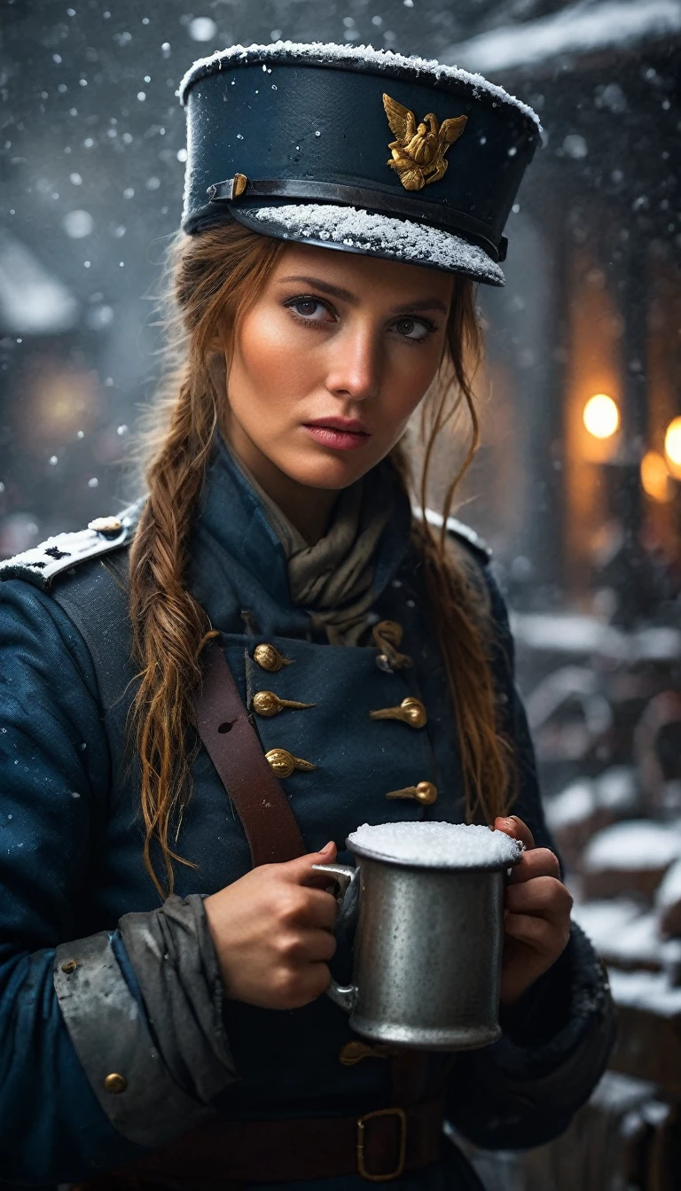 Show Napoleon's female soldier drinking coffee from an old tin cup in front of her post while looking at the camera.
Depict the soldier feeling cold, with snow falling around her.
Use cold and muted colors to convey the harshness of the winter and the exhausting guarding duty, background dark, hyper realistic, ultra detailed hyper realistic, photorealistic, Studio Lighting, reflections, dynamic pose, Cinematic, Color Grading, Photography, Shot on 50mm lens, Ultra-Wide Angle, Depth of Field, hyper-detailed, beautifully color, 8k