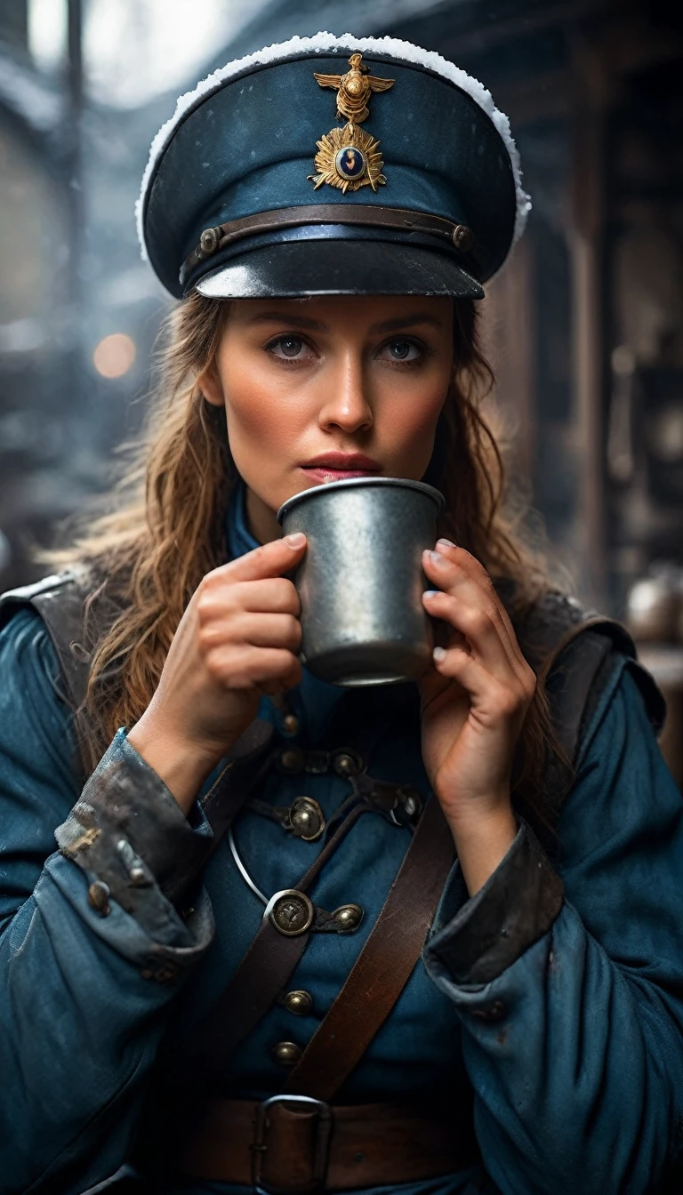 Show Napoleon's female soldier drinking coffee from an old tin cup in front of her post while looking at the camera.
Depict the soldier feeling cold, with snow falling around her.
Use cold and muted colors to convey the harshness of the winter and the exhausting guarding duty, background dark, hyper realistic, ultra detailed hyper realistic, photorealistic, Studio Lighting, reflections, dynamic pose, Cinematic, Color Grading, Photography, Shot on 50mm lens, Ultra-Wide Angle, Depth of Field, hyper-detailed, beautifully color, 8k