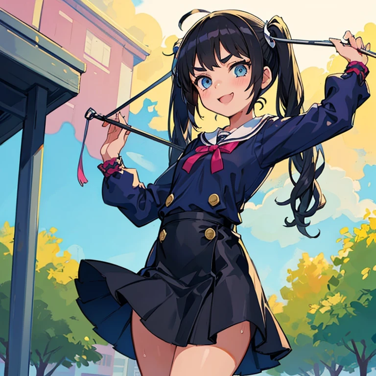 Young girl with black hair, long twintail, twintail hairstyle, (blue eyes),, ((small bushy eyebrows)), wearing gothic lolita clothing, lolicon , walking to school, flirty smile, , lifting her skirt to show her vagina wet with semen