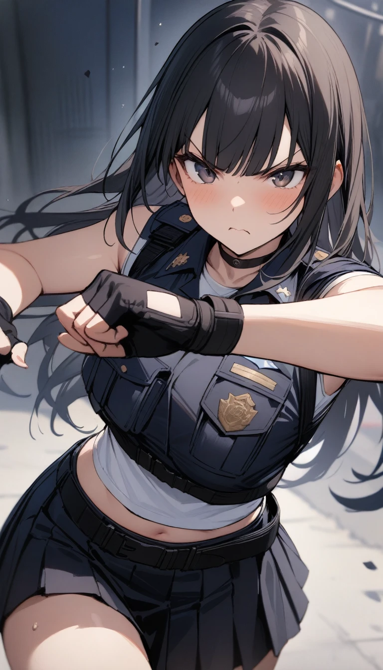 ((Highest quality)), ((masterpiece)), (detailed),cowboy shot , Rin々Policewoman small breasts Mature Woman, ((A black sleeveless police uniform over a white sleeveless T-shirt)),Cleavage Black choker,clavicle、Black long hair Blunt bangs black pleated mini skirt black fingerless gloves V-shaped eyebrows Combat Stance Black Belt Clenched fist Old tavern
