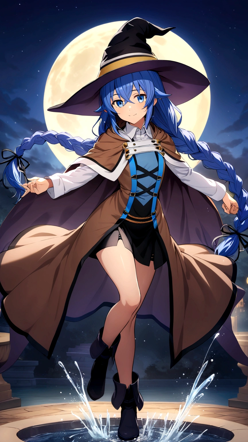 Roxy Migurdia, Highest quality, Amazing CG, Ultra HD, Carefully crafted down to the last detail, One Girl, bangs, Black Hat, Witch Hat, blue eyes, Blue Hair, Braiding, Brown cape, Floating Hair, Hair between the eyes, View your viewers, Beautifully detailed eyes, The best smile, dancing, Full body portrait,Medium Chest, The background is a fountain with a fantastic atmosphere., moon, night