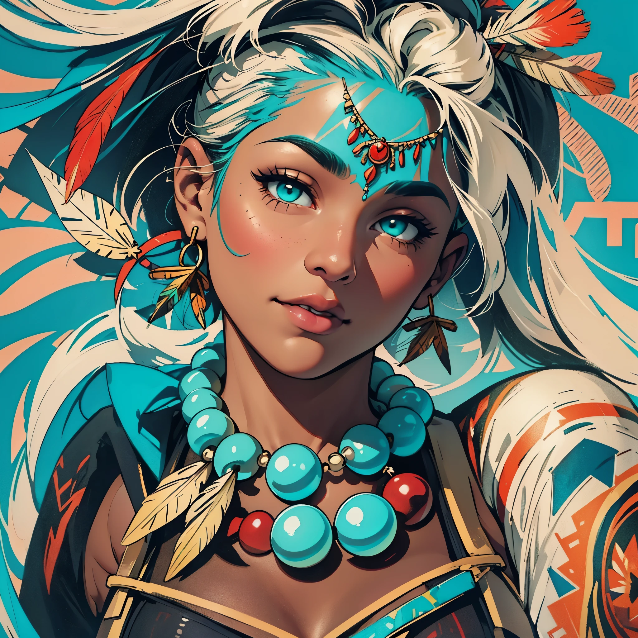 (((ultimate best quality))),((((solo:1.12)))),((((1girl:1.12)))),((((beautiful perfect woman)))),(((detailed perfect body, detailed perfect finger,detatiled perfect face))),(((bust up, close up))),(((((American comics))))),(((extreme highlights))),(((Extremely colorful, primary colors))),(cleavage, big breast)),(((perfect beautiful lady))),((((various angles))),((((detailed Indian,Tribe, Navajo, feather ornament)))),((((black skin)))),(((indigenous peoples))),(((owl,turquoise,Ivory Necklace)))