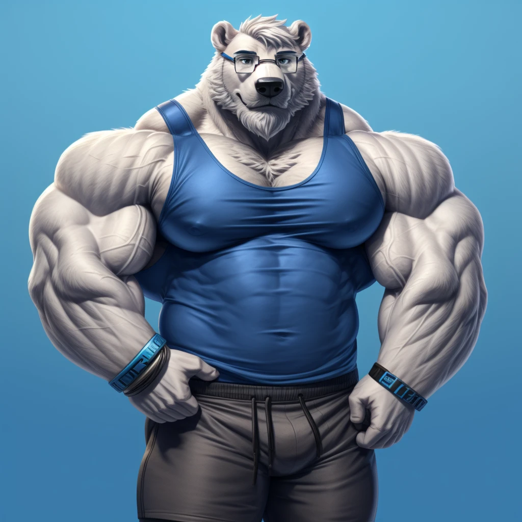solo, 1boy, Huge Muscular old White Polar Bear wearing glasses, huge white fur, pectoral, huge pectoral, wide pectoral, short white hair, blue colored short pants, blue colored wristbands and blue colored tank top, white bearded, white Mustache, white fur, simple background, masterpiece, high detailed, 8k, high resolution, at the gym, flexes huge muscles