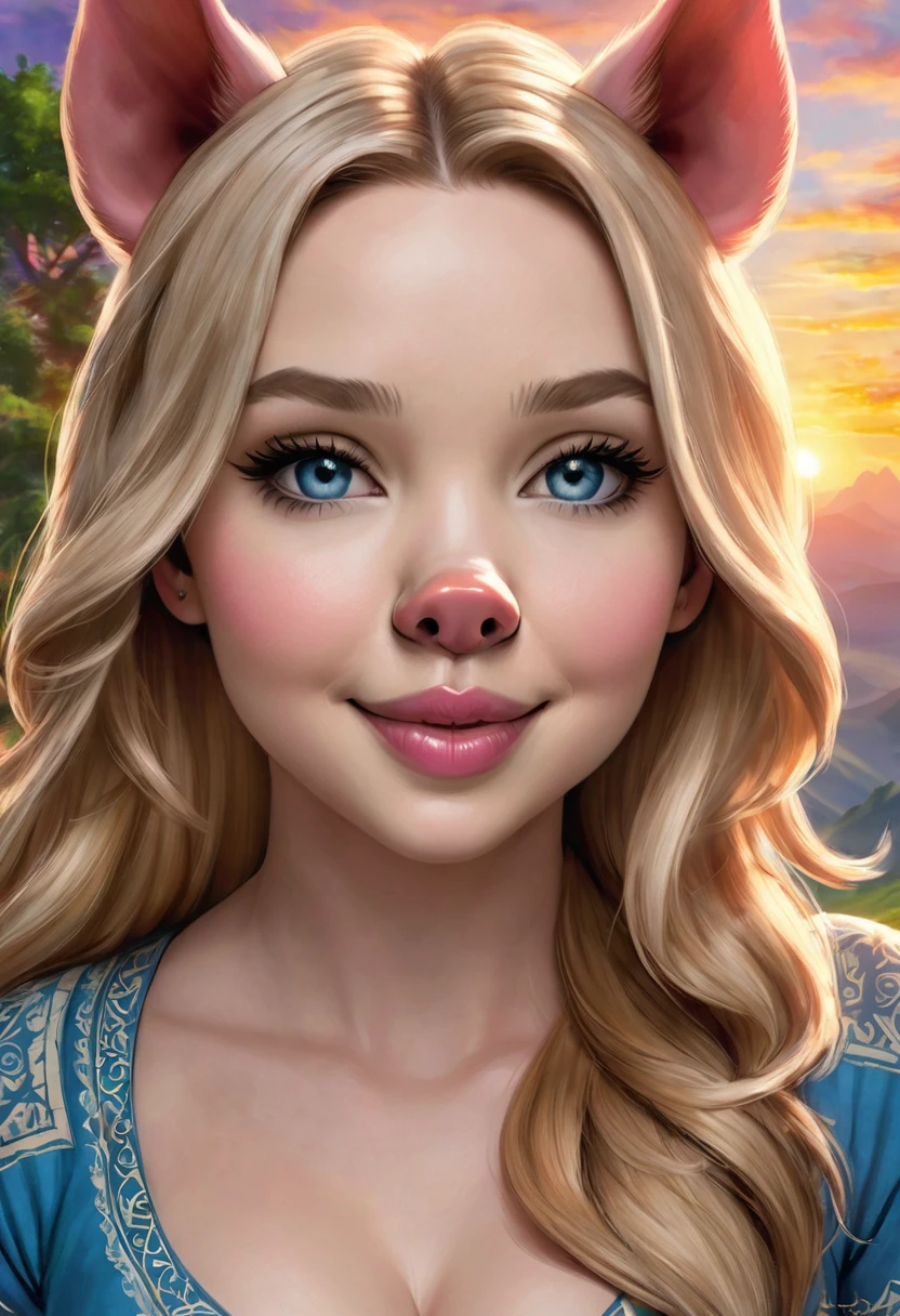 Create an illustrated, hand-drawn, full-color image of an anthropomorphic pig girl. The artwork should be rendered in the style of "Breath of the Wild," featuring warm lighting and shadows. Include graphite shading, stencil marks, and airbrushed acrylic paint effects. The image should be of the highest quality, a masterpiece with intricate details.
The pig girl should have a female, humanoid, furry appearance with grey skin. She should have luscious lips, a wide smile, and bright, expressive eyes, exuding beauty, cuteness, and adorableness. Ensure the image is high resolution and sharply detailed, with a detailed and vibrant background. Scarlett Johanson, Alison Brie, Dove Cameron
Incorporate mystical lighting in the background, creating a romantic and enchanting atmosphere.