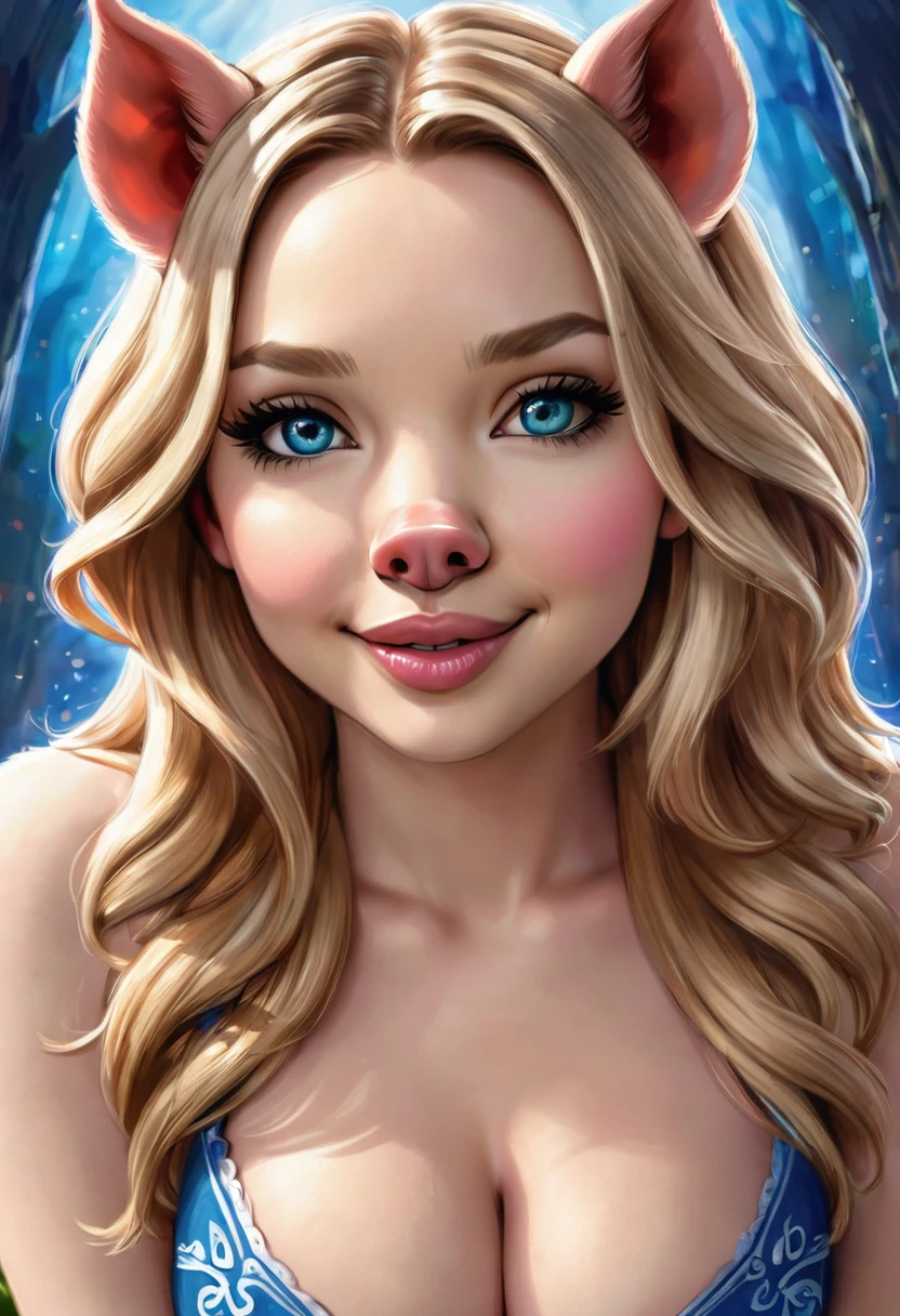 Create an illustrated, hand-drawn, full-color image of an anthropomorphic pig girl. The artwork should be rendered in the style of "Breath of the Wild," featuring warm lighting and shadows. Include graphite shading, stencil marks, and airbrushed acrylic paint effects. The image should be of the highest quality, a masterpiece with intricate details.

The pig girl should have a female, humanoid, furry appearance with grey skin. She should have luscious lips, a wide smile, and bright, expressive eyes, exuding beauty, cuteness, and adorableness. Ensure the image is high resolution and sharply detailed, with a detailed and vibrant background. Scarlett Johanson, Alison Brie, Dove Cameron

Incorporate mystical lighting in the background, creating a romantic and enchanting atmosphere.
