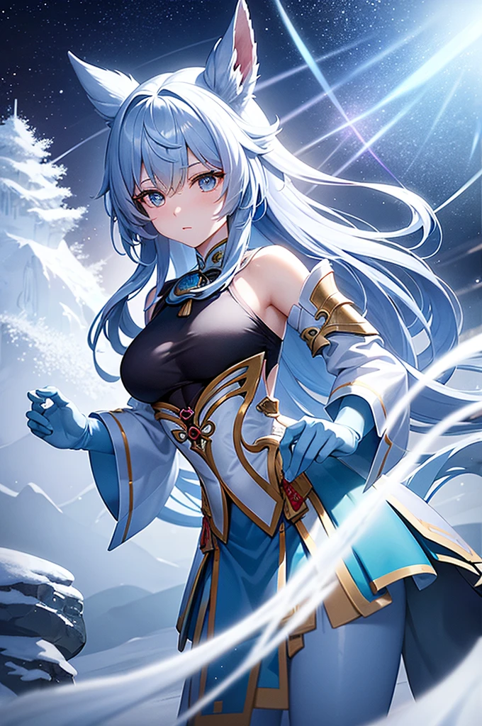 Create a highly detailed digital artwork featuring Ganyu from Genshin Impact. Ganyu is depicted in a dynamic pose, drawing her bow and preparing to fire a powerful charged shot. She stands gracefully in an open snowy landscape, with the serene backdrop of Liyue's mountain ranges in the distance. The artwork should capture the elegance and power of Ganyu's form, emphasizing her ethereal beauty and the tension in the moment before releasing the arrow.
Focus on Ganyu's distinctive design elements: her long blue hair with gradient tips, intricate Cryo Vision embedded in her outfit, and her traditional Qilin-inspired attire. The bow should be drawn with a glowing arrow, radiating a soft blue light that illuminates the surroundings. Frosty particles and icy mist swirl around her, highlighting her Cryo abilities.
Ensure the lighting accentuates the cold environment, with soft shadows and a cool color palette. The overall mood should evoke a sense of calm determination and otherworldly grace, capturing Ganyu's dual nature as both an adeptus and a secretary