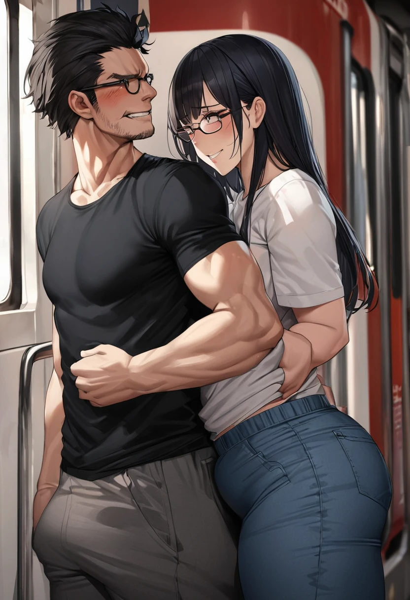 hyperrealistic anime,adult curvy female,at train,man with t-shirt standing behind woman,black hair,black t-shirt,jersey pants,medium straight hair,glasses,unkempt hair,modest and sober female ,from behind and side,(man grabbing woman's buttocks:1),molested,groped,blushed and grinning