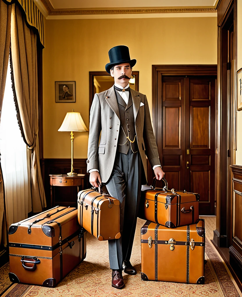 detailed 1900s styled hotel interior, rich traveler with 1900s styled clothes, carrying antique 1900s styled truncks,y