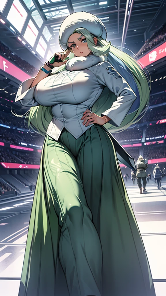 (high detailed)) 27 yo's woman, light cyan hair, Green mini beret, green Pandora's clothes,big And round breasts, gorgeous thicc plump body,angry expression,furious eyes,Green satellizer's outfit,Very long skirt, holding handblade, dynamic pose, action position, perfect anatomy